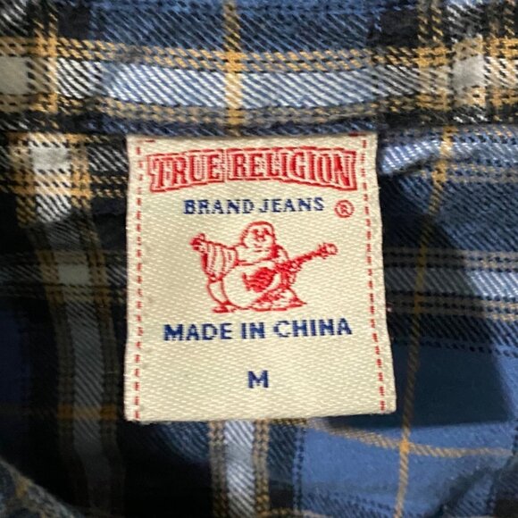 True Religion Mens Plaid Pearl Snap Shirt M Blue Western Rodeo Cowboy Country - Picture 4 of 7